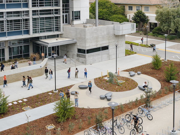 UCSB Campus Life with students walking along the stairs at the interactive psychology building