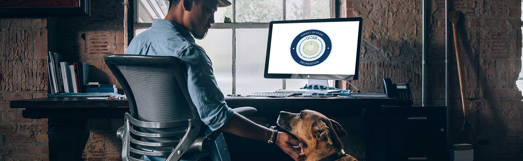 man digital badge hat dog computer