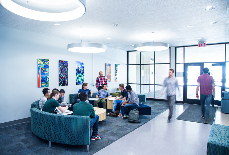 students gathered inside engineering lobby